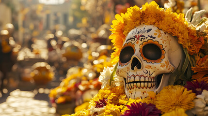 Colorful Sugar Skull Surrounded by Bright Flowers for Celebration