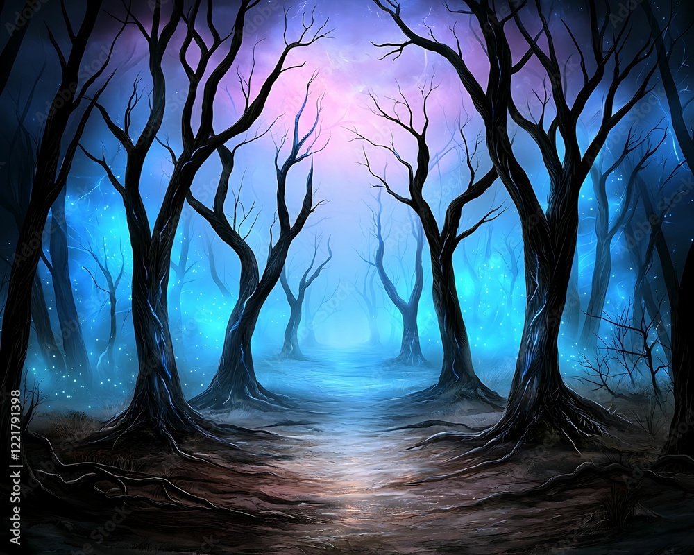 Wall mural mysterious forest with dark, twisted trees illuminated by ethereal blue and purple light creating an