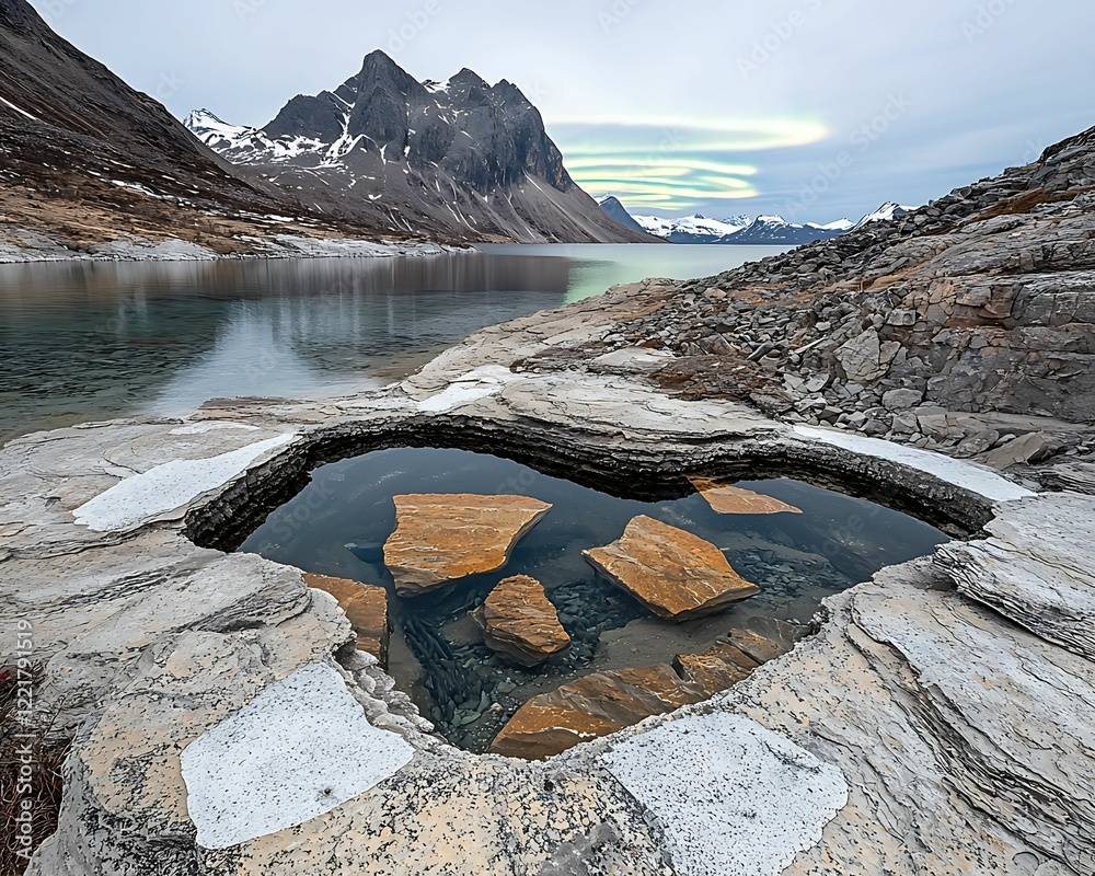 Wall mural scenic landscape featuring a rocky pool of water amidst mountains and a serene lake under a cloudy s