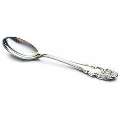 Ornate silver spoon on white background, food service