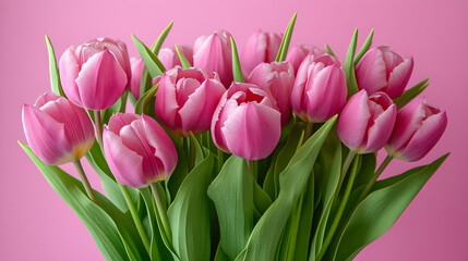 Obraz premium Fresh Pink Tulips on Pink Background for Spring Celebration