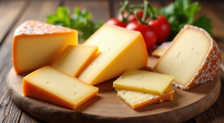 Many pieces of cheese on a wooden plate