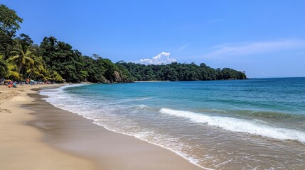 Serene Tropical Beach with Clear Blue Water and Lush Greenery