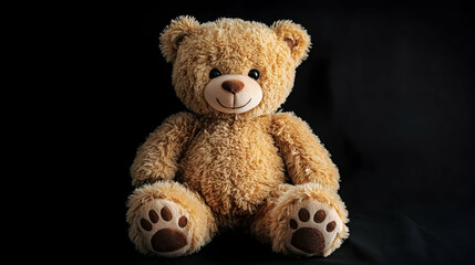 Obraz premium Cute plush teddy bear sitting against a black background