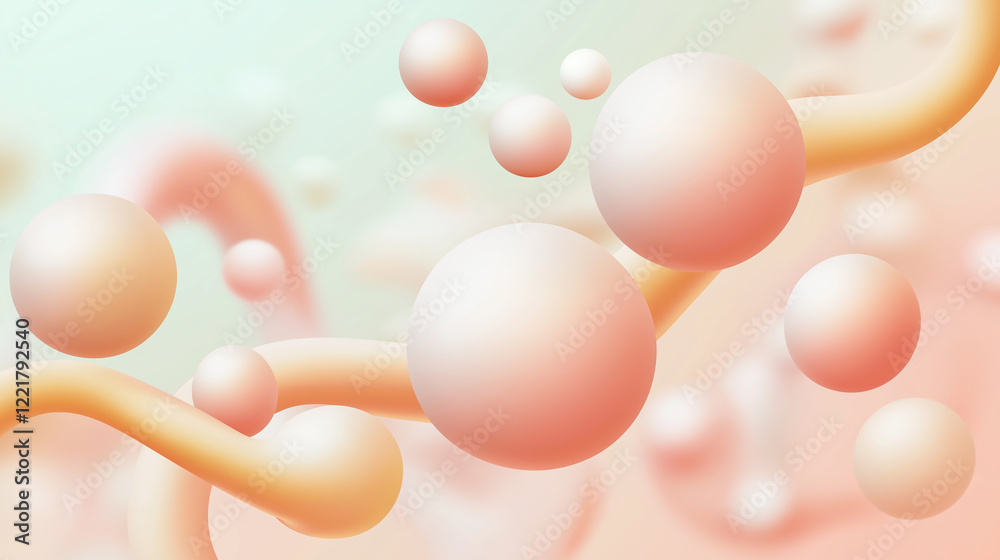 Poster Peach and cream colored spheres float among curved lines in this abstract composition