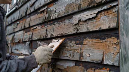 Fototapeta premium technician inspecting damaged siding with clipboard, assessing repairs