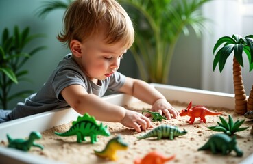 Baby boy plays with dinosaurs in sensory box. Cute child enjoys tactile play with plastic dinosaurs. Focus on early childhood development. Indoor home setting. Child concentrating, engaged. Fun,