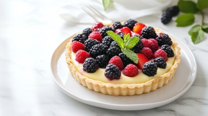 A beautifully arranged fruit tart with a buttery crust, creamy custard filling, and a colorful assortment of fresh fruits
