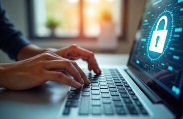 Woman types on laptop keyboard. Login, password fields visible on screen. Cybersecurity concept. Data protection, secured internet access. Tech user works on device. Protecting digital information.
