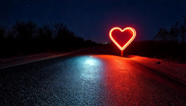 Glowing neon heart shape illuminates a dark, empty road at night. Perfect for romance, Valentine's Day, or travel themes. Evokes feelings of hope, love, and adventure. - Powered by Adobe