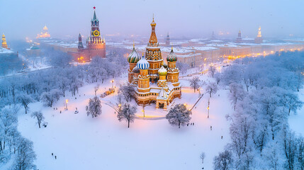 Obraz premium Aerial View of Saint Basil's Cathedral in Winter Wonderland Setting