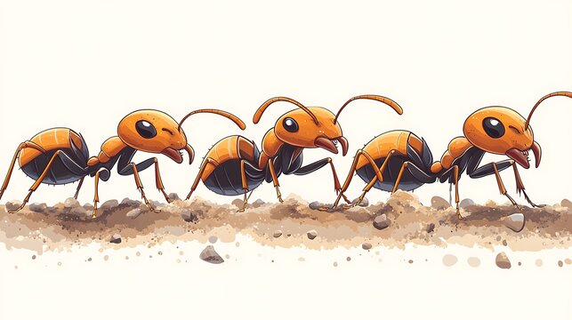 Four Orange Ants Working Together on a Hill