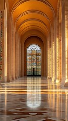 Obraz premium Sunlit Archway Hall with Stained Glass Window