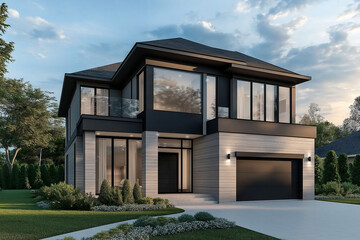 Fototapeta premium Modern two-story house with large windows