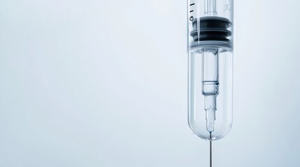 A high-resolution close-up of a medical IV drip setup with clear fluids and tubing, against a white background, Minimalist style