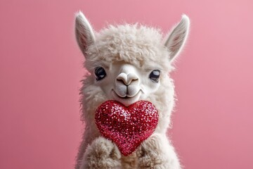 Promotion visual idea picture. Advertising concept. Llama - my treasured animal. Cute llama baby with sparkling rhinestones red heart - sign of love, funny greeting card. Animal love quotes.