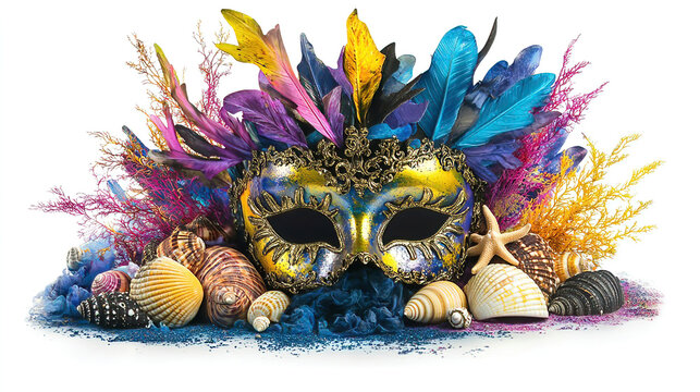 Carnival is a vibrant festival of creativity. People wear artistic masks to celebrate. Colorful Mask with Feathers and Shells on White Background