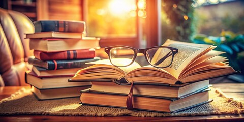 High-Depth-of-Field Image: Stack of Books, Open Book, Reading Glasses, Cozy Reading Nook, World of...