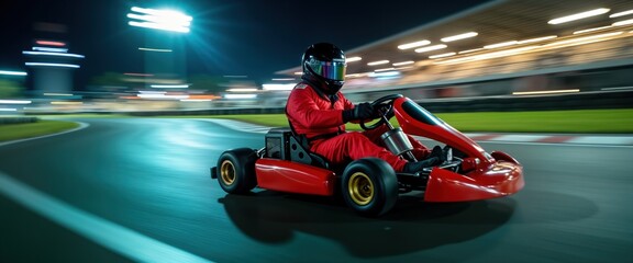 Go-kart racer in red suit drives fast on night track. Fast action, blur motion on speed racing track. Night race, excitement, competition. Driver in helmet, gear. Dynamic sport performance at night.