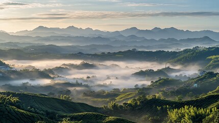 Serene mountain landscape shrouded in morning mist and sunlight.