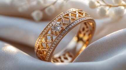 Elegant Gold Diamond Ring on Satin Luxury Jewelry Closeup