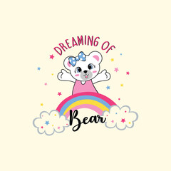 Happy vector illustration of a cute bear playing among fluffy clouds and a colorful rainbow.
