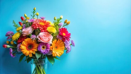 Vibrant floral arrangement in a clear glass vase against a bright blue background, perfect for celebrating special occasions and adding a touch of nature's beauty to any space.