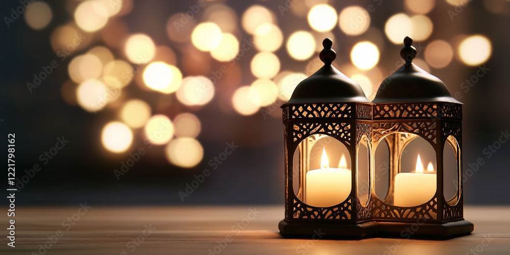 Poster two ornate lanterns with burning candles illuminating festive bokeh background