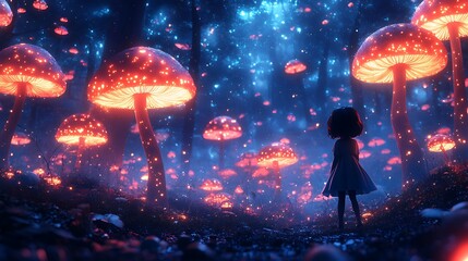 Obraz premium Girl Stands in Enchanting Luminous Mushroom Forest