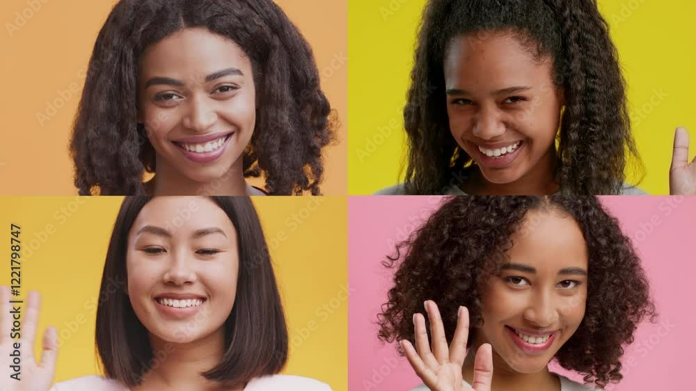 Poster A collection of diverse people expressing joy and warmth through their gestures. Each person displays unique emotions against vibrant backgrounds, showcasing positivity and connection.