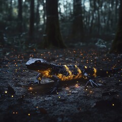 Fototapeta premium Glowing salamander in a mystical forest at dusk surrounded by magical light.