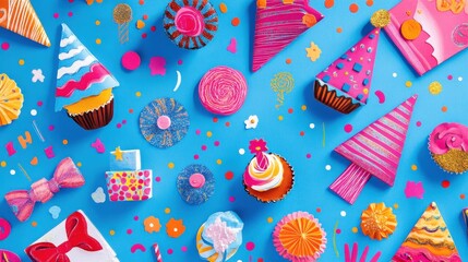 Fototapeta premium Colorful Party Treats and Decorations on Vibrant Blue Background