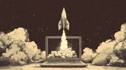 Laptop Launches Paper Rocket Startup Success. AI Generated
