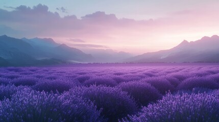 Serene sunrise over a vast lavender field in a mountainous landscape.