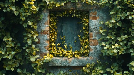 Overgrown Window Brick Wall Rustic Green Leaves