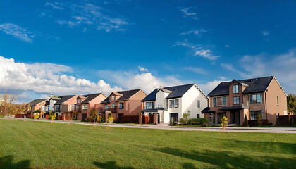 Fototapeta premium A newly built house under the blue sky. A residential area with many different types of houses.
