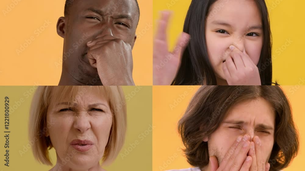 Poster A collage features four individuals from different backgrounds showing a range of emotions like confusion, surprise, and concern. The bright yellow backdrop enhances their expressions.