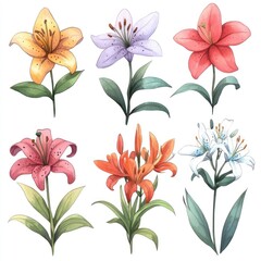A set of six watercolor illustrations of lilies in various colors, including yellow, purple, red, pink, orange and white.