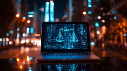 Cyberjustice Laptop Glows Brightly Neon Cityscape. AI Generated