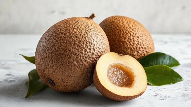 Two whole and one halved ripe abiu fruits with green leaves on a white surface.