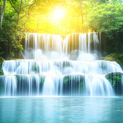 Serene jungle waterfall, sunlight. Nature peace