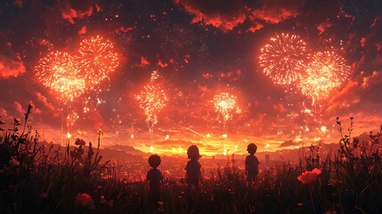 Children Watching Fireworks Display Over Cityscape at Sunset