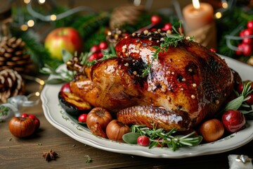 Christmas turkey with a glaze of honey and herbs, presented with roasted chestnuts and apples, festive table setting