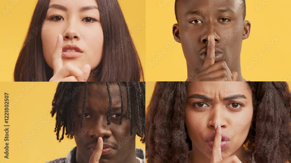 Poster Four people of different backgrounds showcase a range of emotions. Each person engages with the camera, highlighting diversity and individuality in a bright yellow setting.