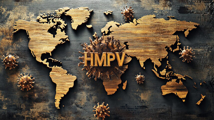 recently surrounded virus named hmpv Close-up of human metapneumovirus hmpv structure, hmpv virus particles orbiting around the world, hmpv virus with digital world map visualization.