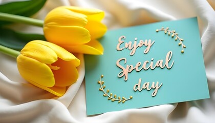 yellow tulips with "enjoy special day" card on light fabric backdrop