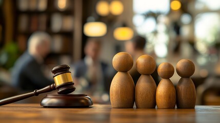 Wooden family figures stand near a gavel soft light legal consultation. AI Generated
