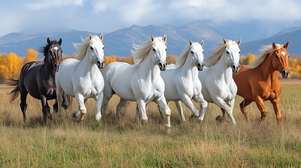 Obraz premium Five Horses Running Across Autumnal Field