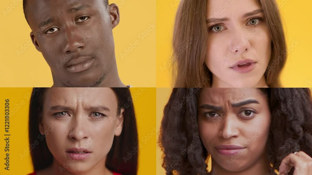 Poster four multiethnic individuals display a range of emotions against a bright yellow backdrop. each pers