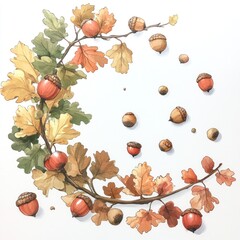 A watercolor illustration of an oak branch with acorns and leaves arranged in a crescent shape on a white background.